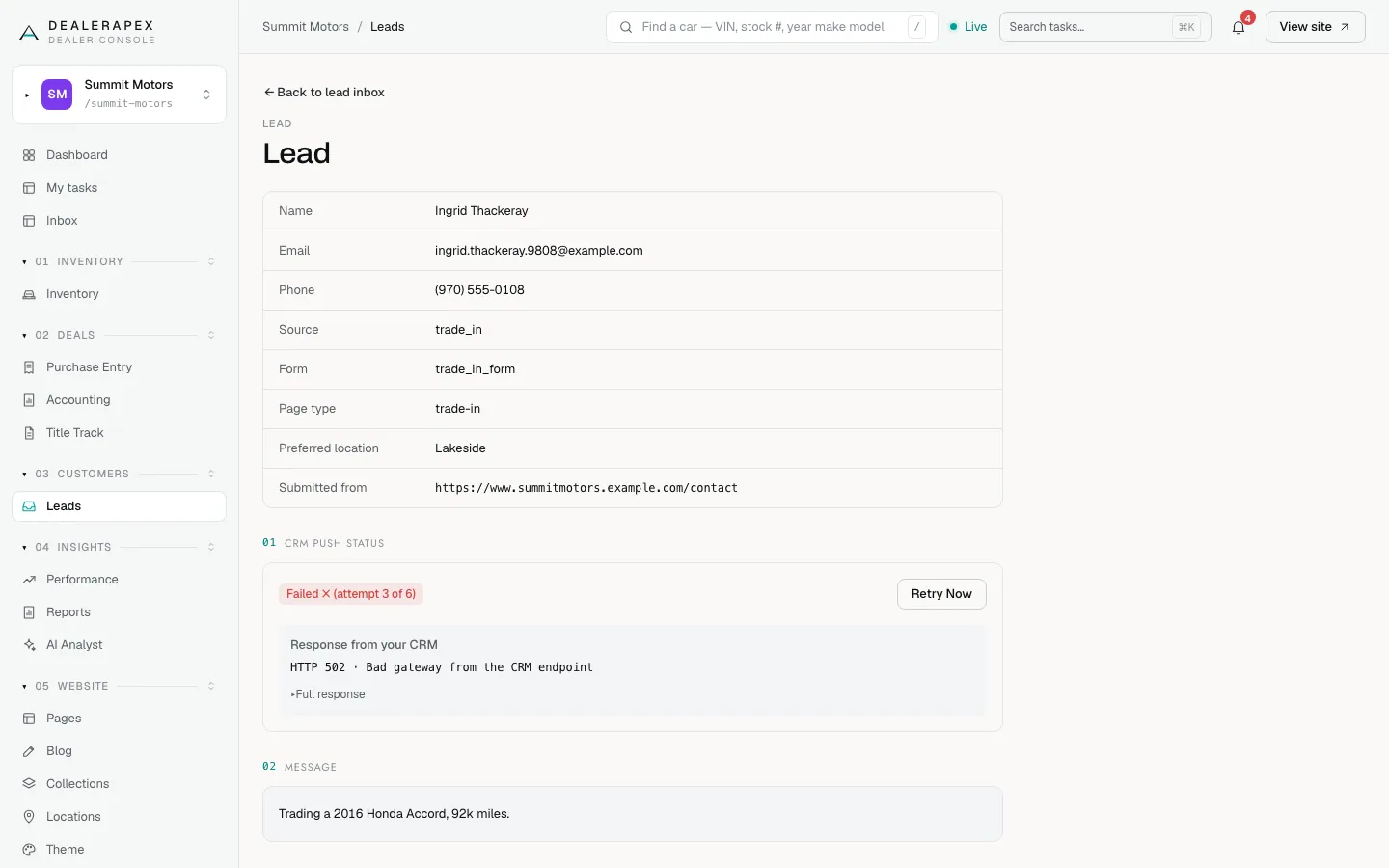 A lead marked Failed, attempt 3 of 6, with a 502 error from the CRM and a Retry Now button
