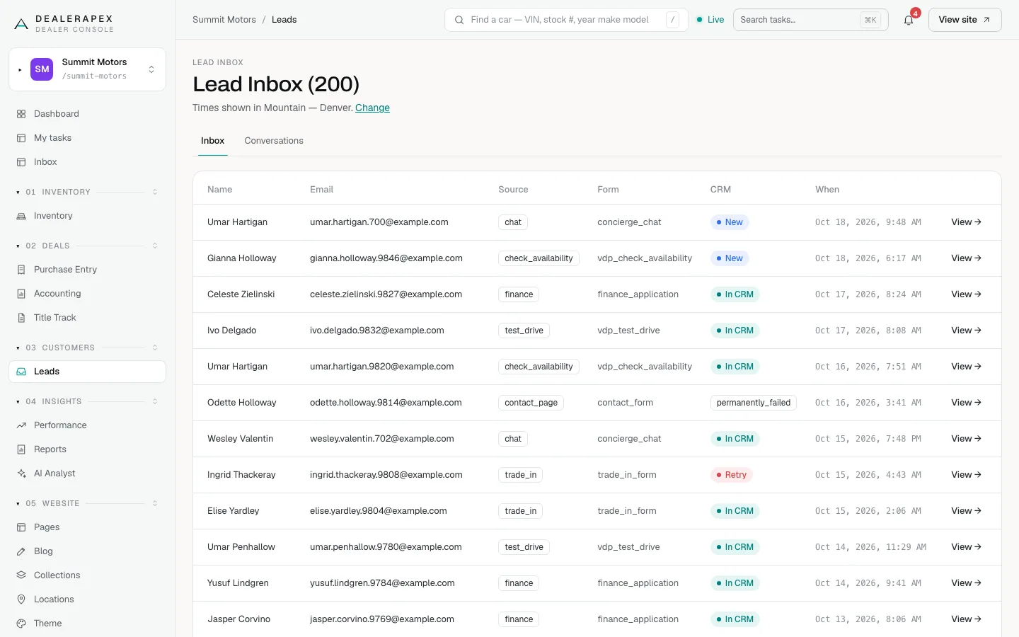 The Lead Inbox, listing leads with their name, email, source, form, CRM status and the time they arrived