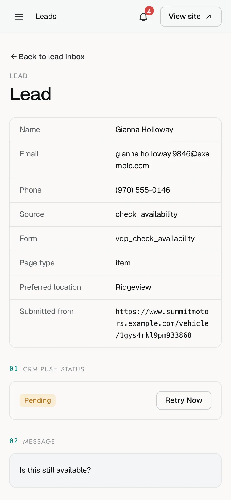 A lead opened on a phone, showing the contact details, the Pending CRM status and the shopper's message