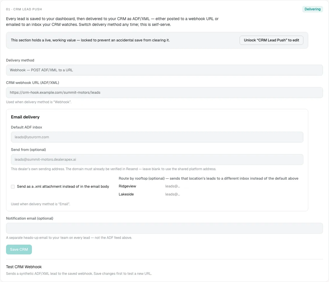 The CRM Lead Push section, showing the delivery method, webhook URL, email delivery options and the Test CRM Webhook button