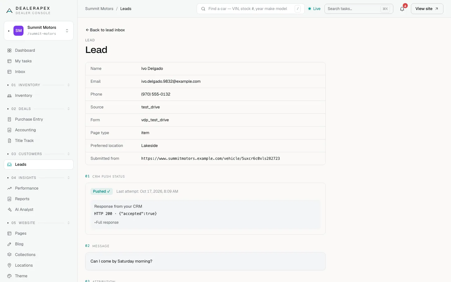 A test-drive request opened from the Lead Inbox, with source test_drive, form vdp_test_drive and the shopper's message