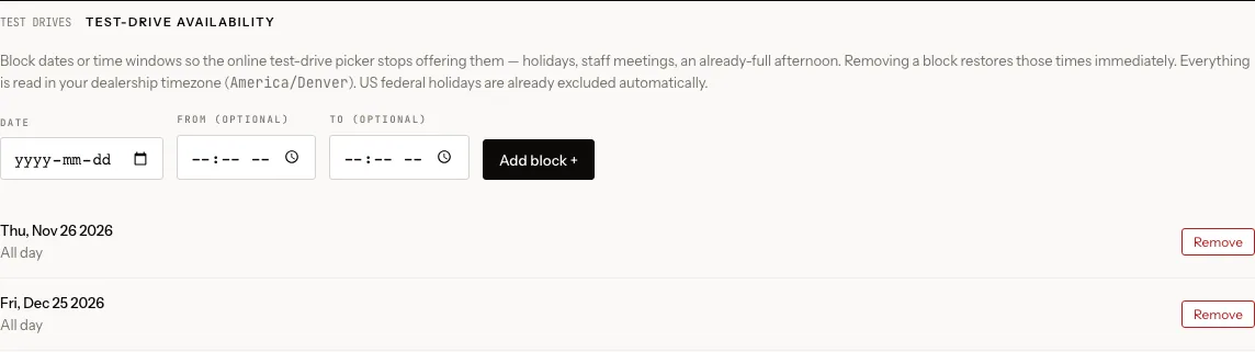 Test-drive availability, with the date and time fields, the Add block button and two all-day blocks with Remove buttons
