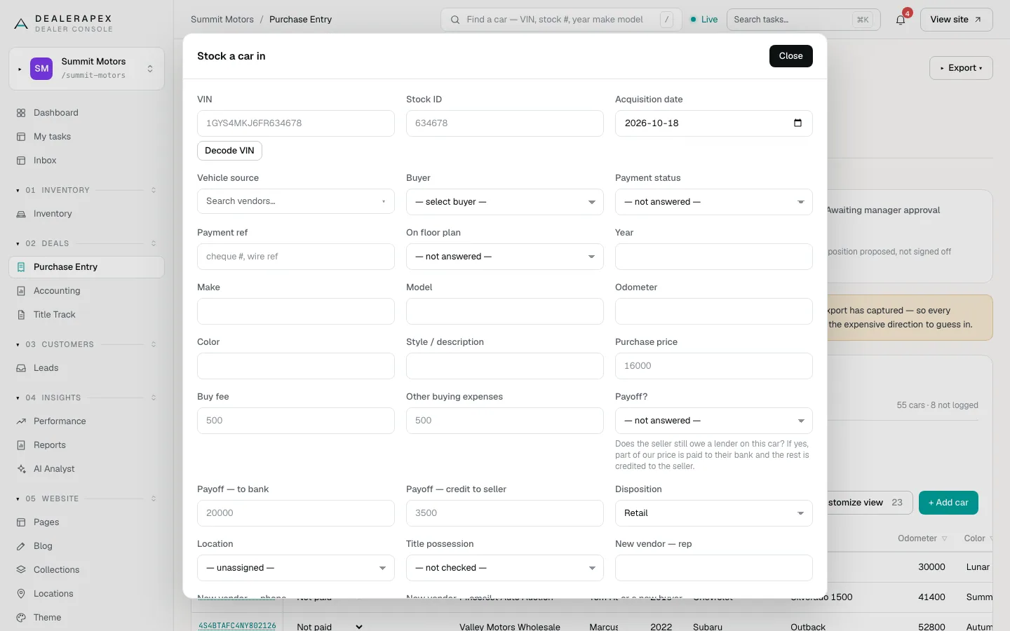 The Stock a car in window with VIN, Decode VIN, Vehicle source, Buyer, Payment status, prices, Payoff and Disposition fields