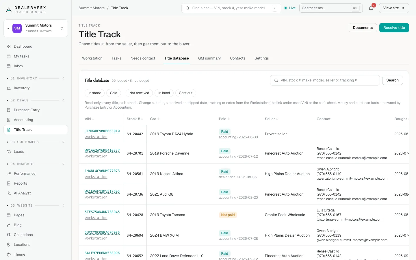 The Title database with search, the In stock, Sold, Not received, In hand and Sent out filters, and rows showing paid status, seller and contact