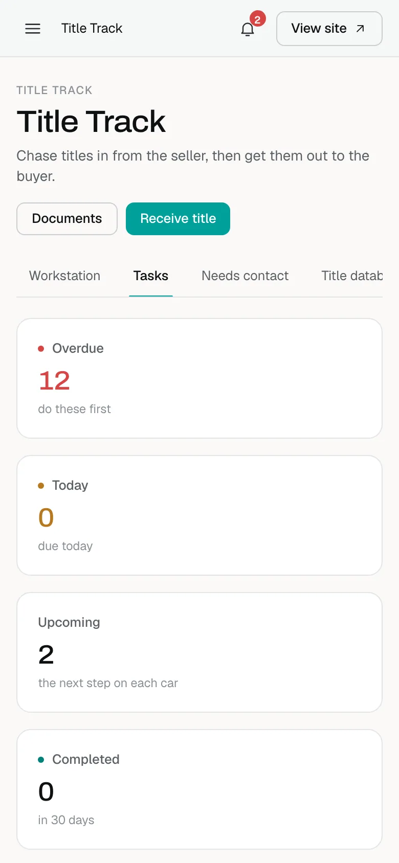 Title tasks on a phone, with the Documents and Receive title buttons and the Overdue, Today, Upcoming and Completed tiles stacked