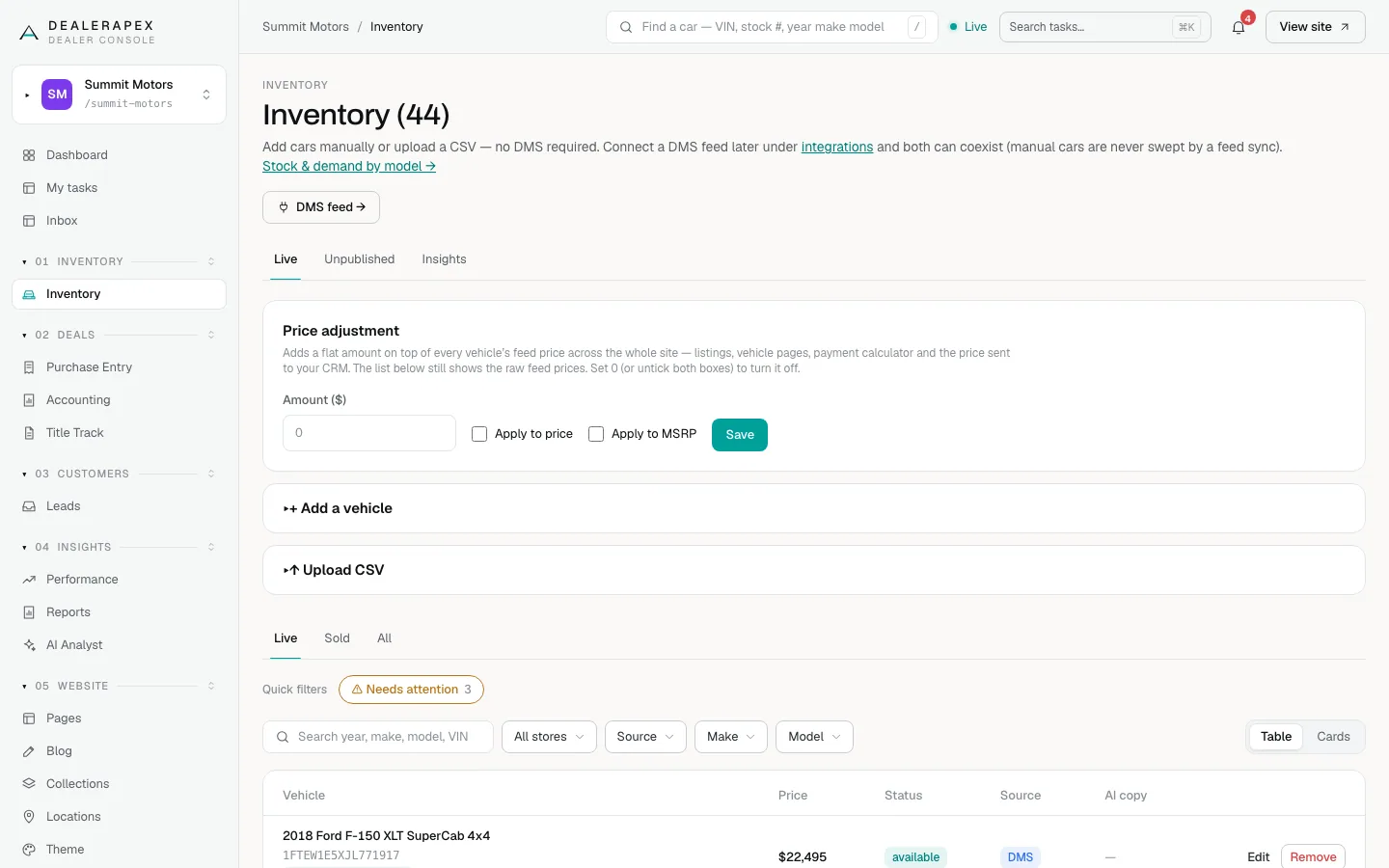 The Inventory page, with the Live, Unpublished and Insights tabs under the page title
