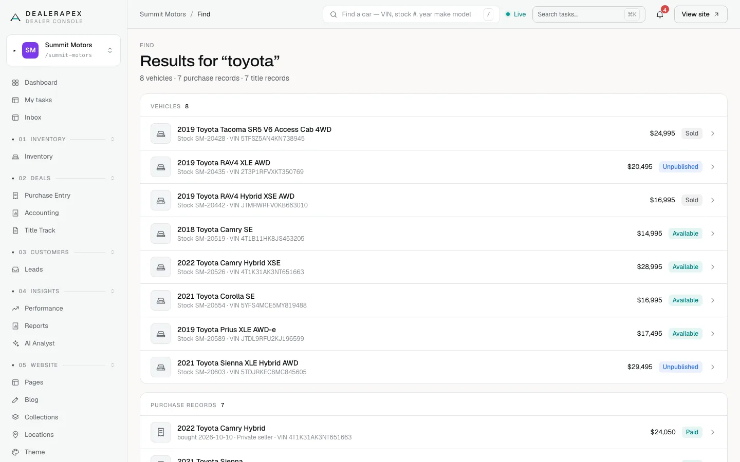 Find results for toyota, showing a Vehicles list with stock numbers, VINs, prices and statuses, and a Purchase records list below