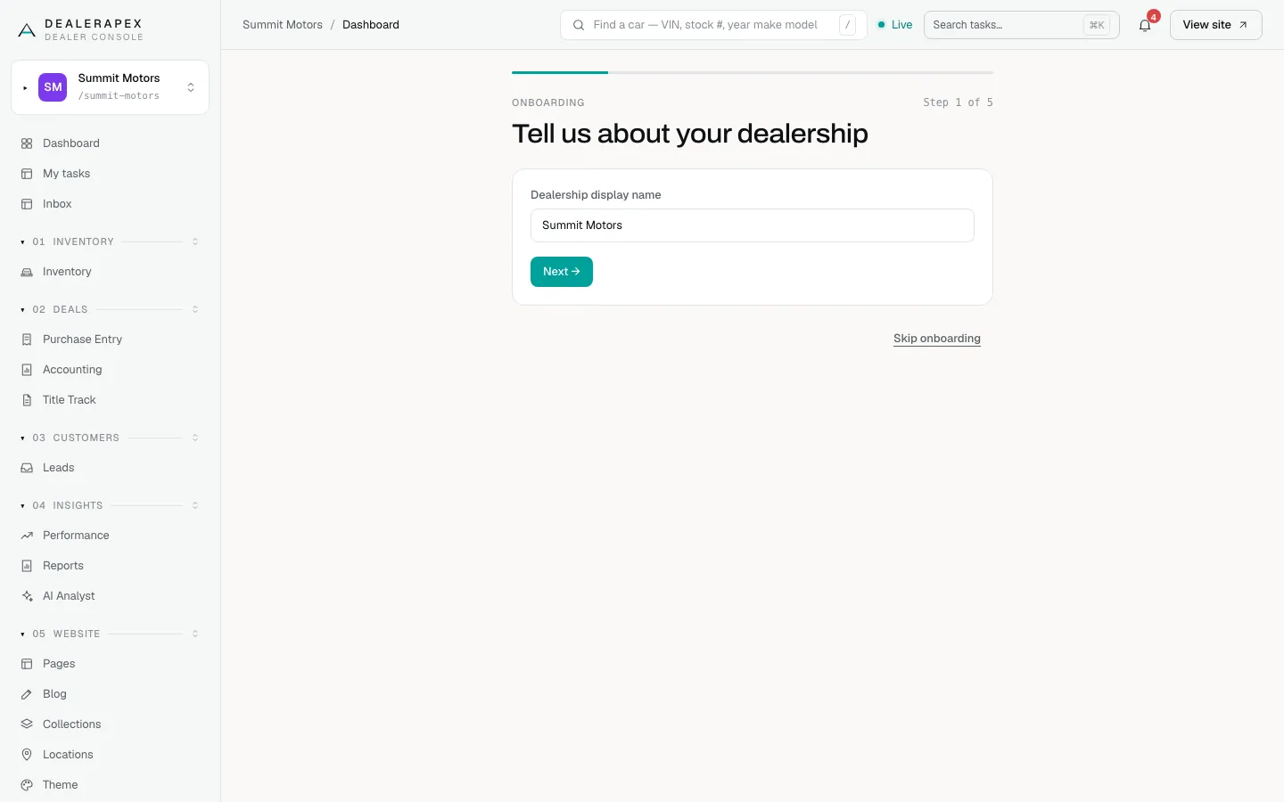Step 1 of 5 of the onboarding wizard, Tell us about your dealership, with the Dealership display name field, a Next button and a Skip onboarding link