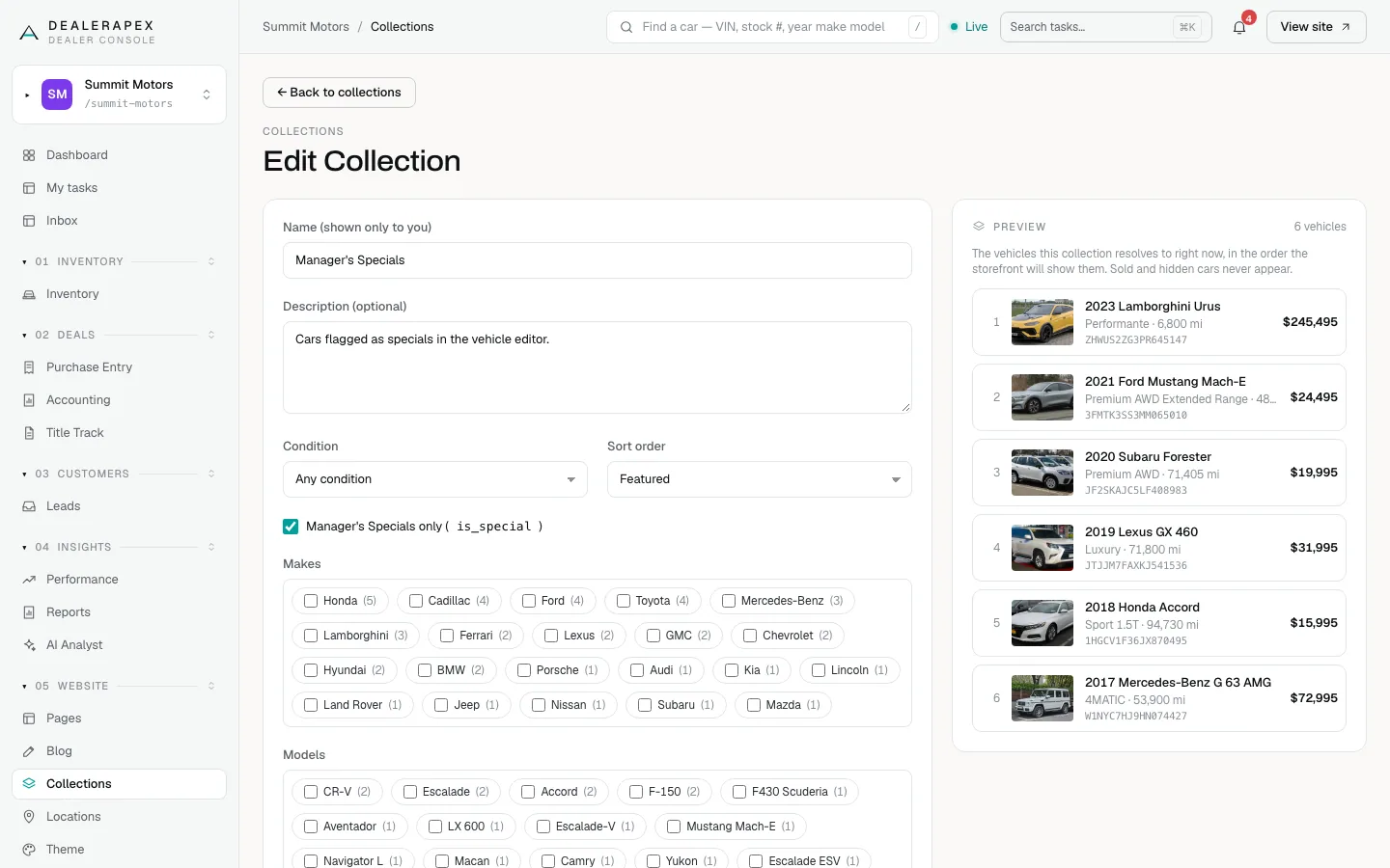 Editing the Manager's Specials collection, with Manager's Specials only ticked and the Preview showing 6 vehicles