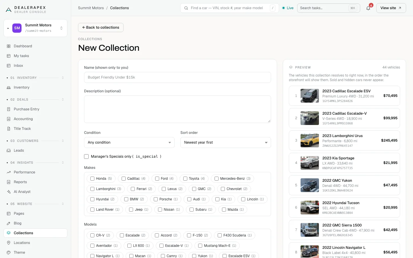 Creating a new collection: the name, description, condition and sort order fields, make and model checkboxes, and the Preview listing the matching cars
