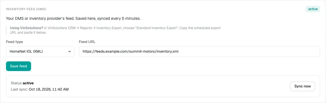 The Inventory feed card with the feed type, feed URL, Save feed button, an active status, the last sync time and Sync now