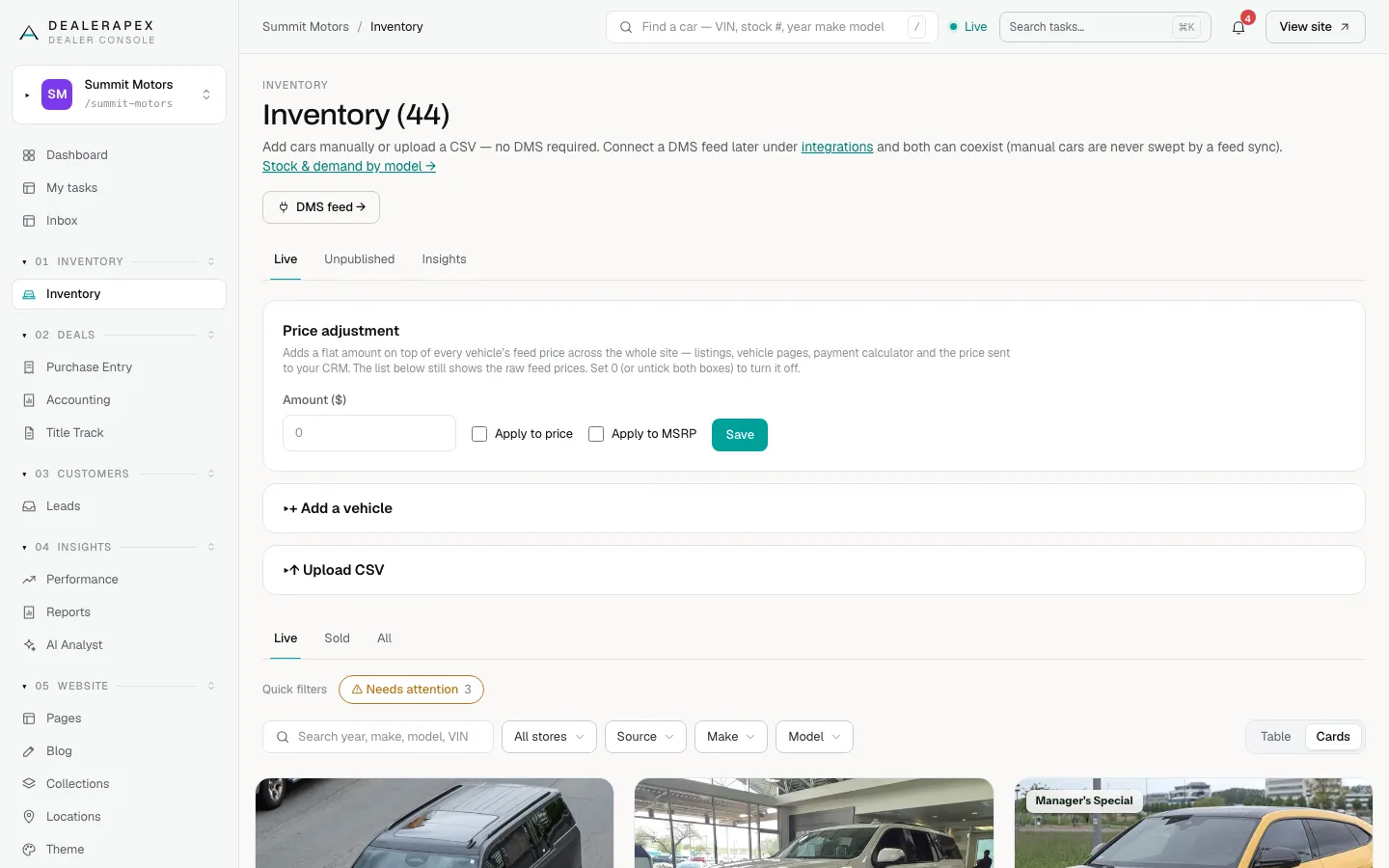 The Inventory page in Cards view, showing cars with their photos the way they appear on the website