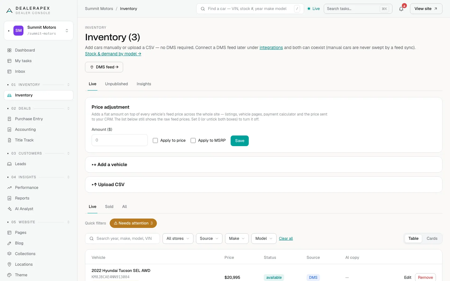The Inventory list filtered by Needs attention, with the Needs attention button highlighted and Clear all next to the filters