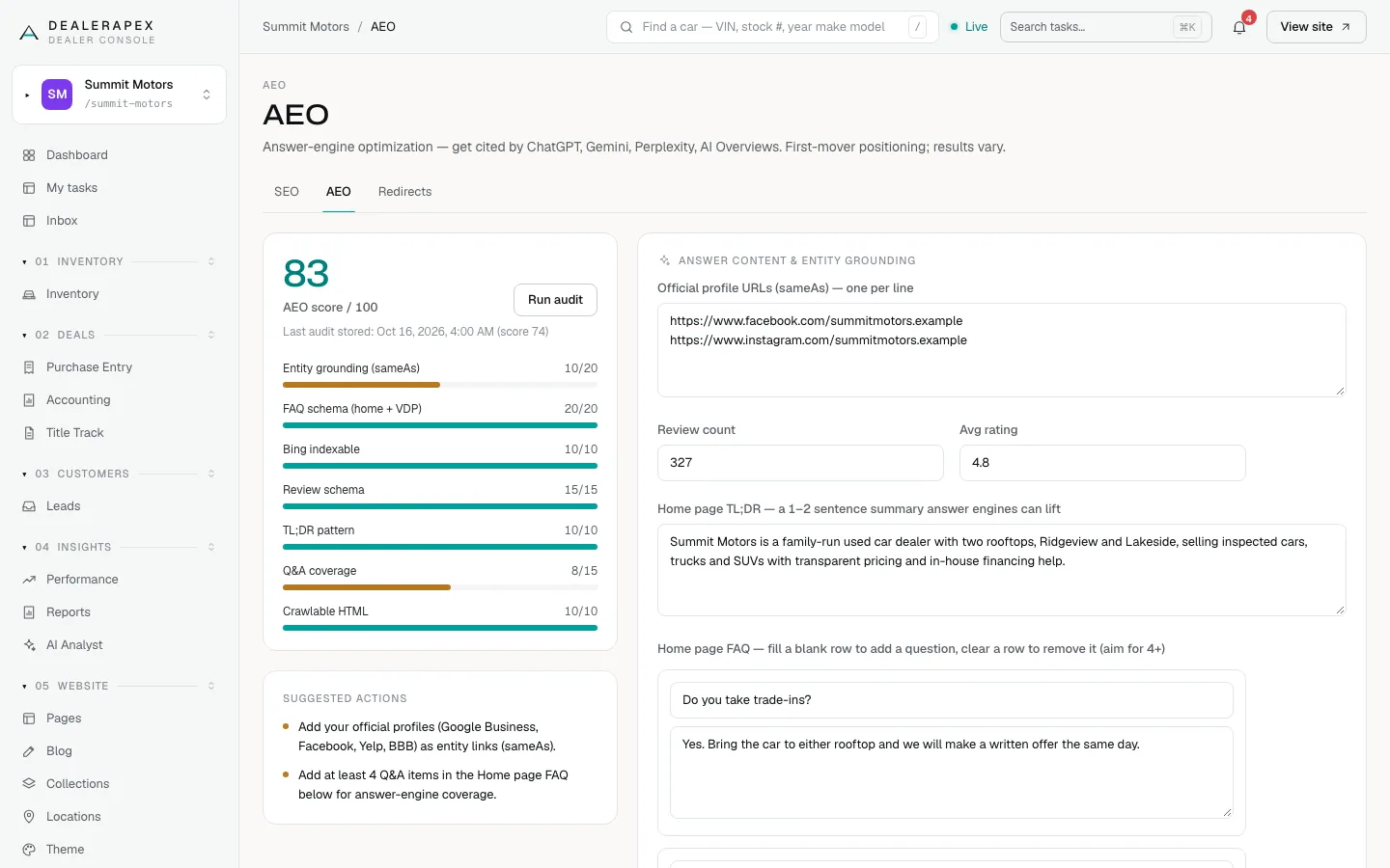 The AEO page with a score of 83 out of 100, the breakdown bars, two suggested actions and the Answer content & entity grounding form