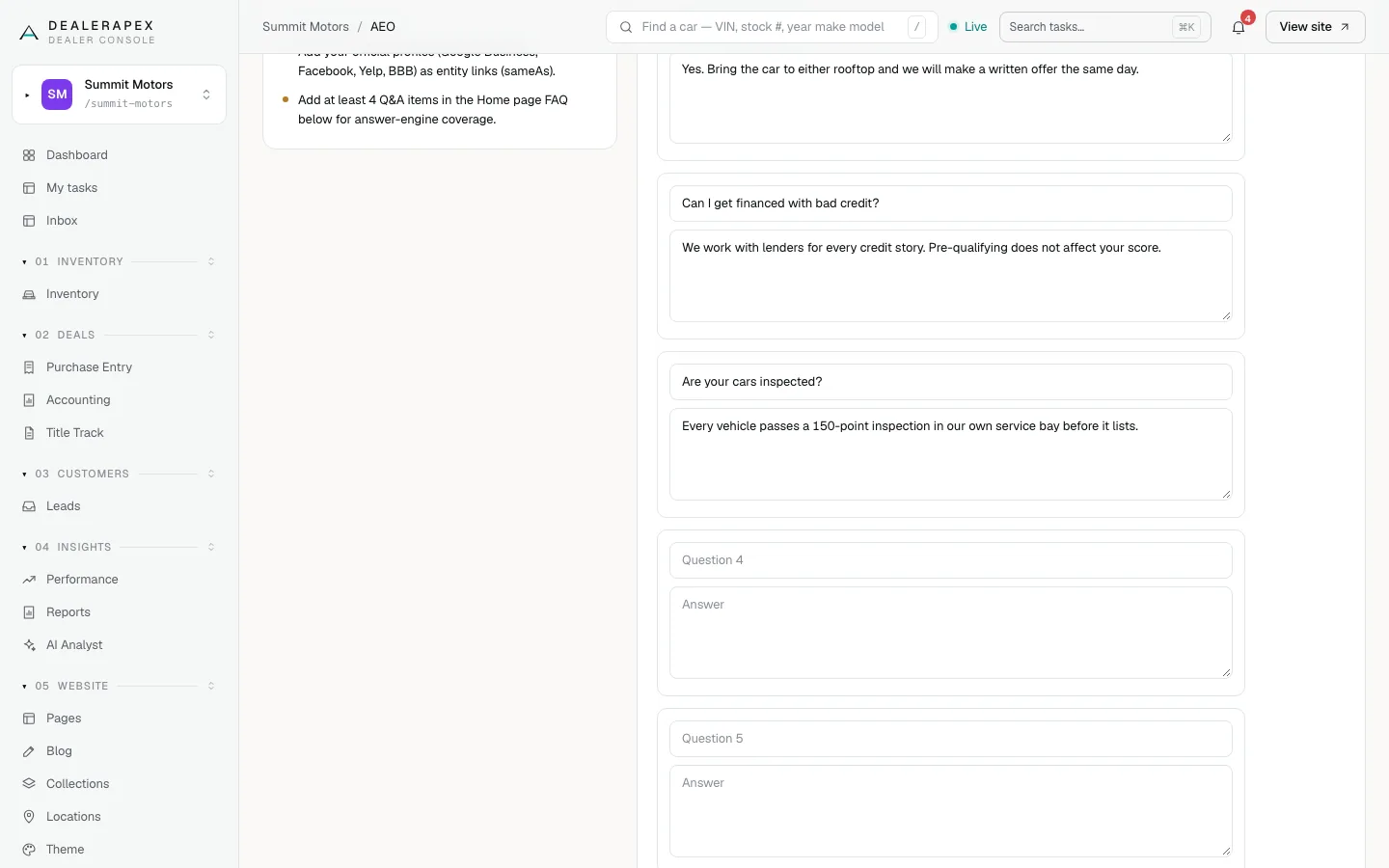 More rows of the Home page FAQ, with three questions and answers filled in and blank rows for Question 4 and Question 5