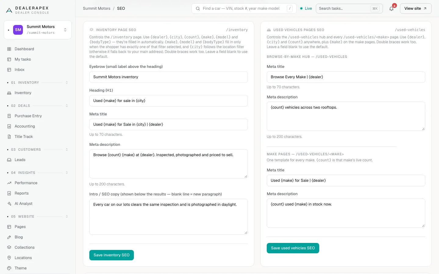 The Inventory page SEO and Used vehicles pages SEO cards side by side, with heading, meta title, meta description and intro copy fields using placeholders such as {make} and {city}