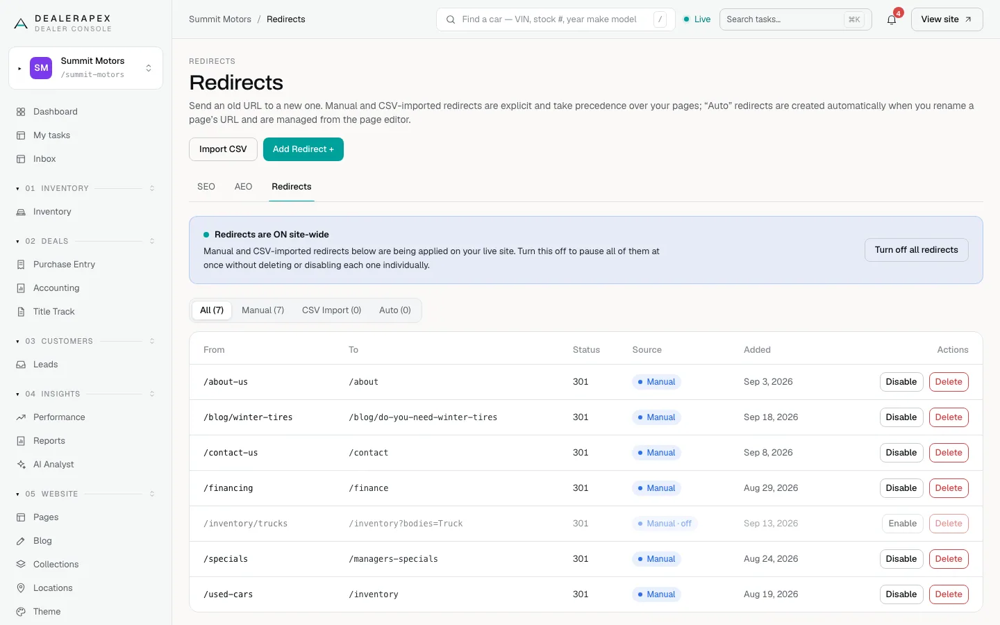 The Redirects page with the Redirects are ON site-wide banner, filter tabs for All, Manual, CSV Import and Auto, and a table of old and new paths with Disable and Delete buttons