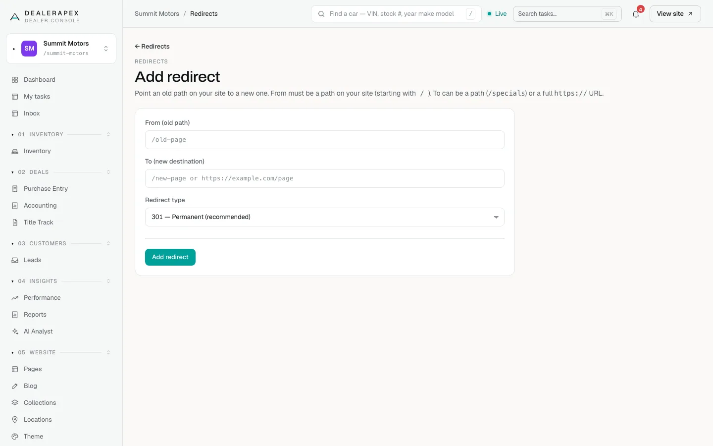 The Add redirect form with From (old path), To (new destination) and Redirect type fields
