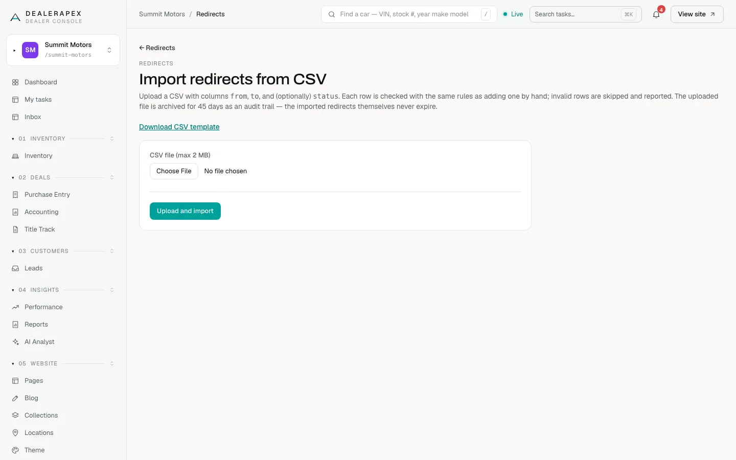 The Import redirects from CSV page with the Download CSV template link, a file picker limited to 2 MB and the Upload and import button