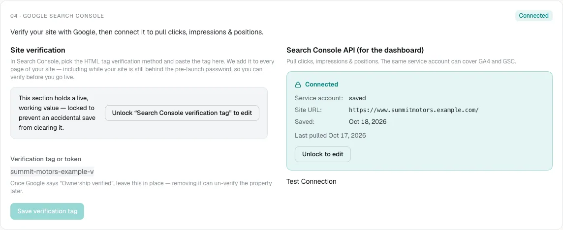 The Google Search Console section, with a locked Site verification tag on the left and a connected Search Console API card on the right showing the site URL, save date and last pull