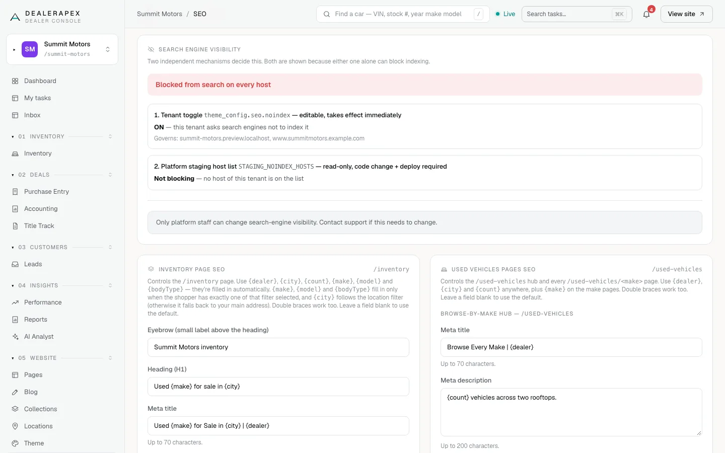 The Search engine visibility card showing a red Blocked from search on every host status, two numbered checks below it, and a note that only platform staff can change it