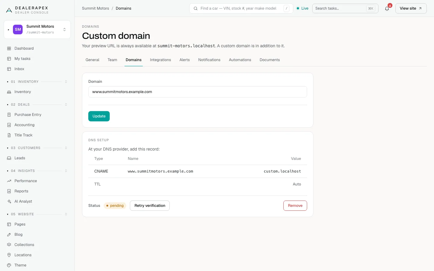 The Custom domain page with a domain entered, the DNS setup card listing a CNAME record, and a pending status with Retry verification and Remove buttons