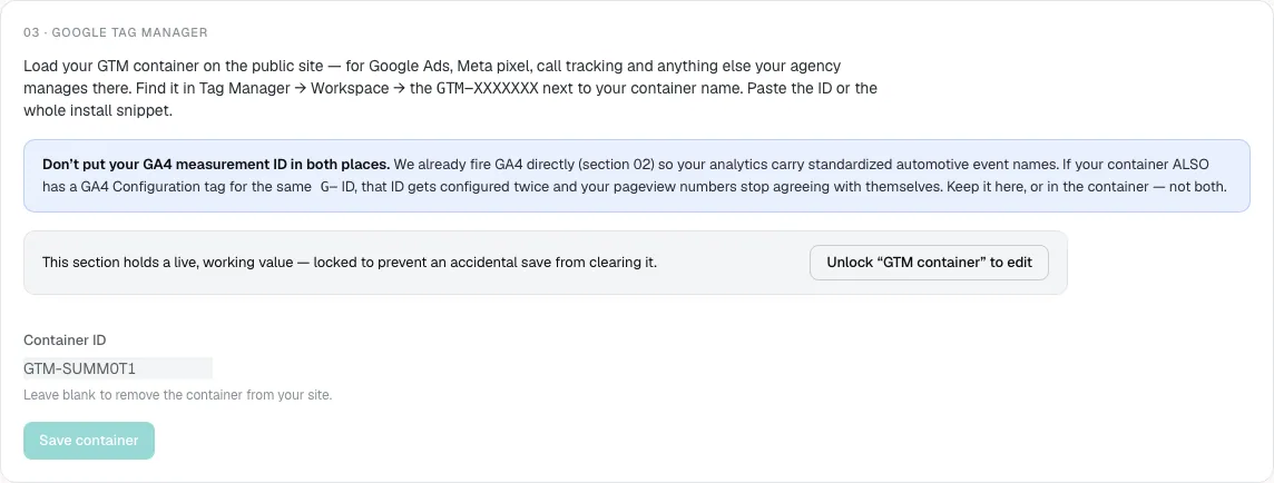 The Google Tag Manager section with the warning not to put your GA4 ID in both places, and the Container ID field