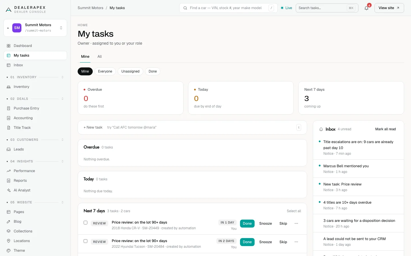 My tasks with the Overdue, Today and Next 7 days tiles, the New task box, two Price review tasks with Done, Snooze and Skip buttons, and the Inbox panel on the right