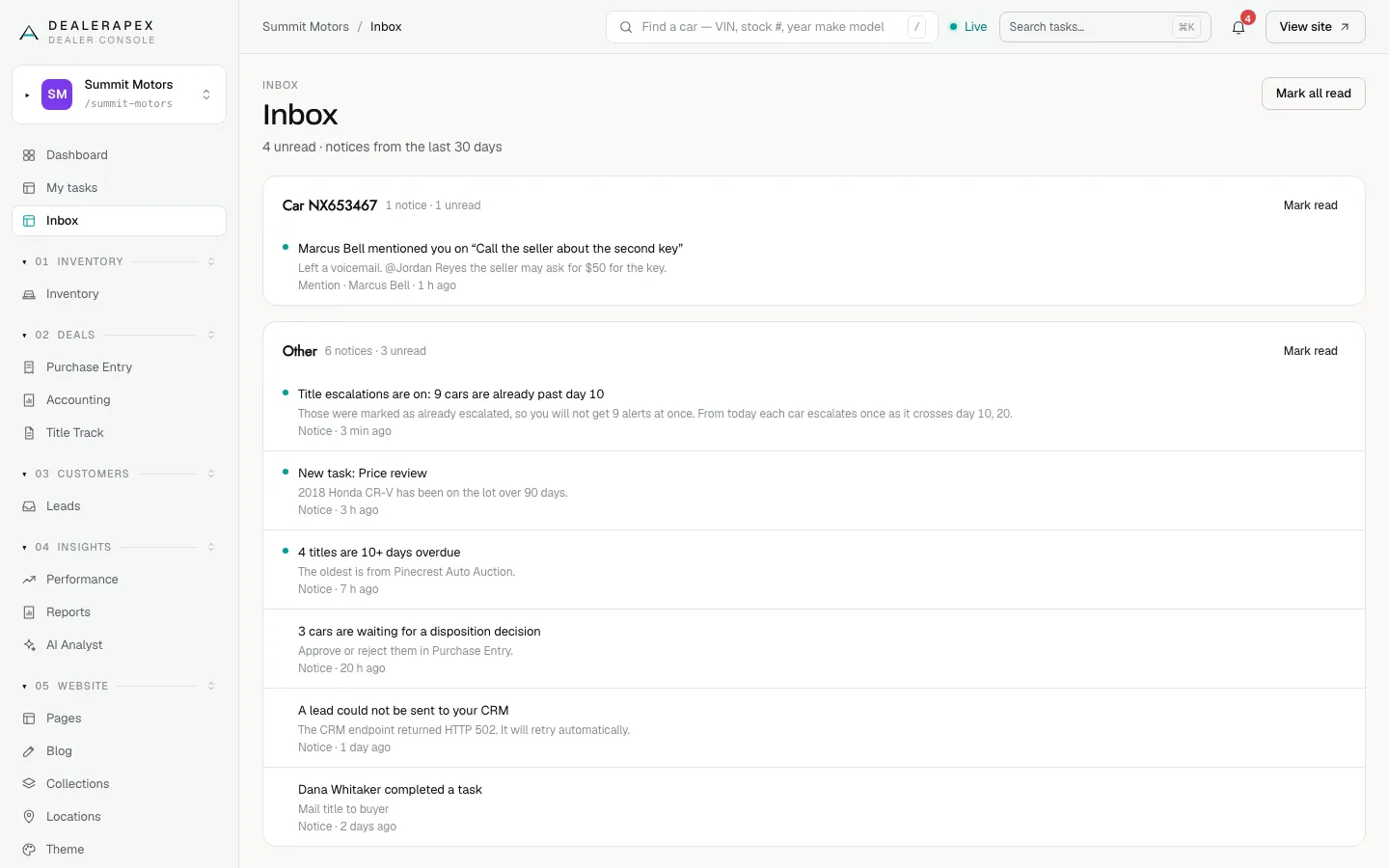 The Inbox with seven notices under Other, including a title escalation notice, a mention and a new Price review task, and the Mark all read button
