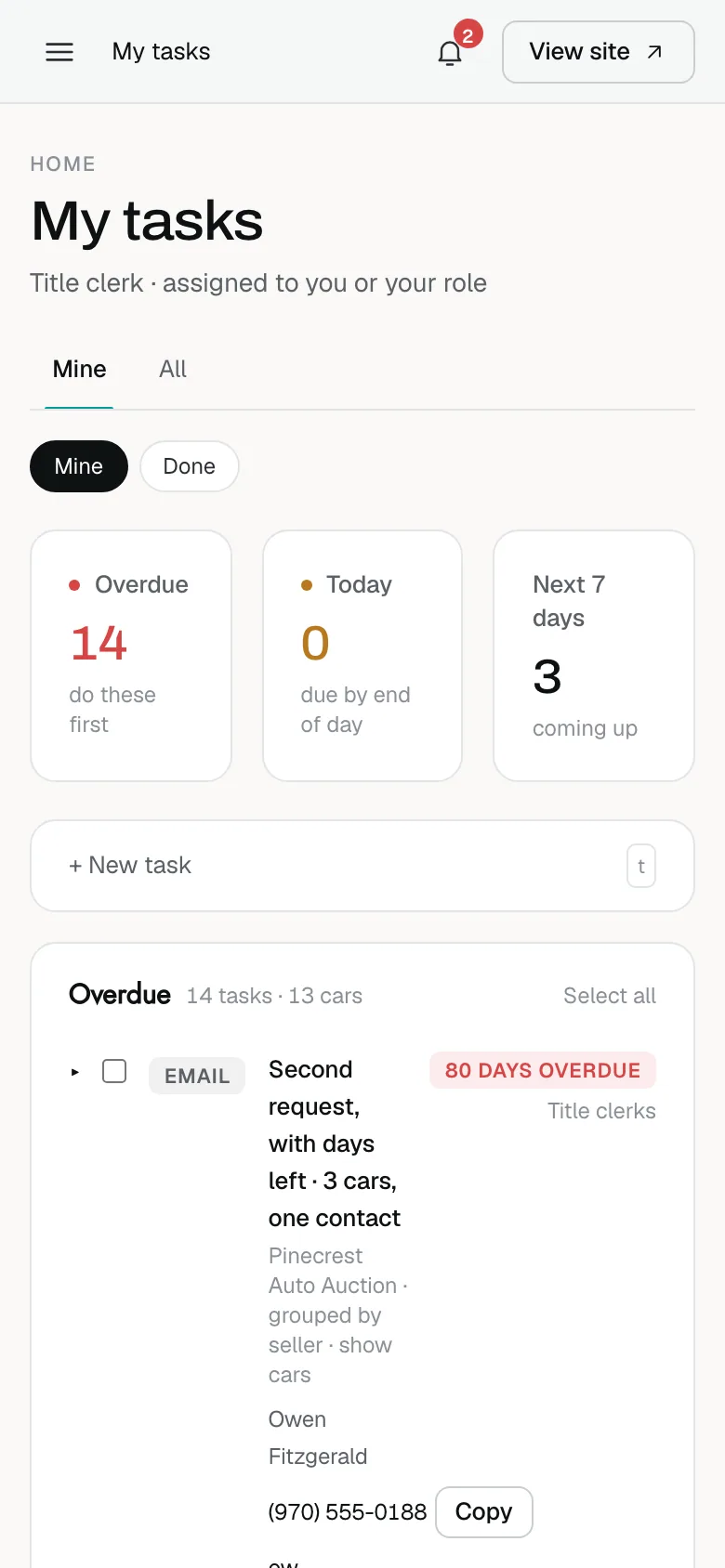 My tasks on a phone for a title clerk, showing 14 overdue tasks and a title request for three cars from one seller, 80 days overdue