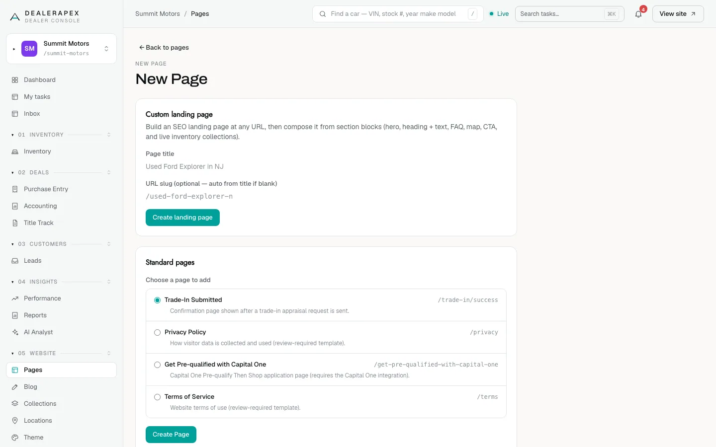 The New Page screen, with a Custom landing page card asking for a page title and URL slug, and a Standard pages list with Trade-In Submitted, Privacy Policy, Get Pre-qualified with Capital One and Terms of Service