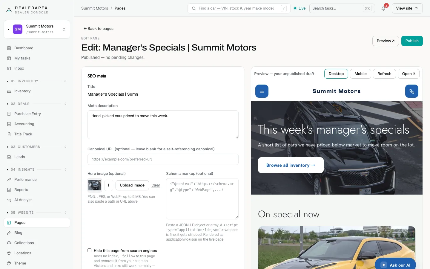 The page editor for Manager’s Specials, showing the SEO meta card on the left and the live preview of the page on the right, with Preview and Publish buttons at the top